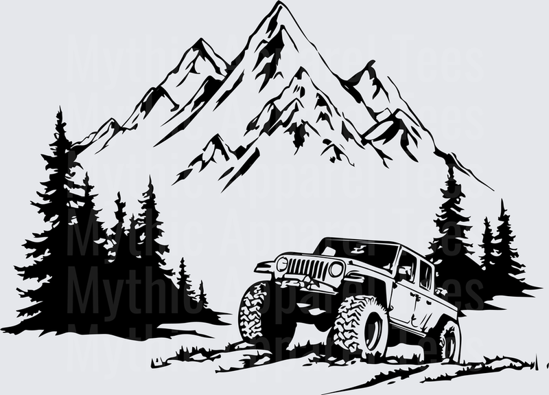 Off Road Jeep Wrangler Mountain Trail Pine Tree Scene