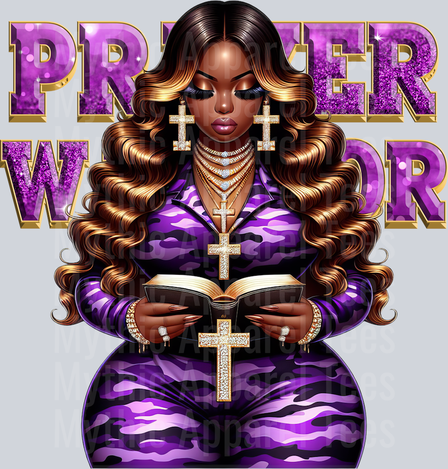 Girl with open bible 5 cross PW Purple Prayer Warrior DTF Religious Transfers