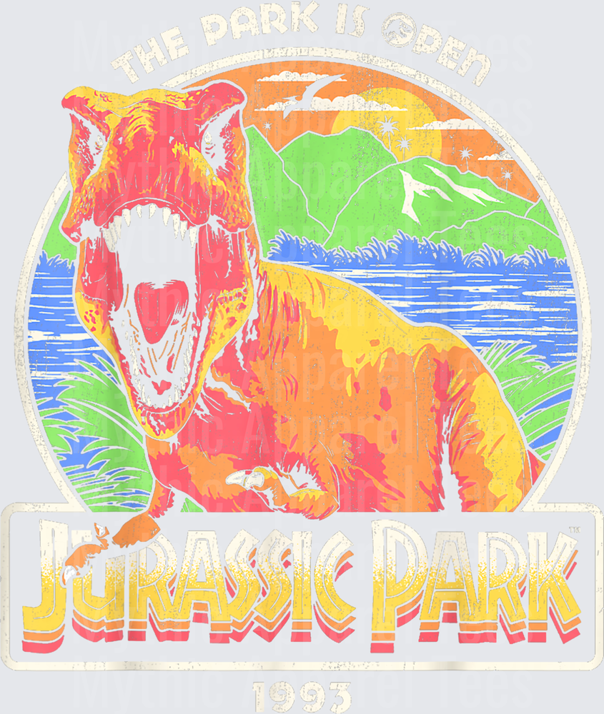 Jurassic Park The Park Is Open 1993 Retro Vintage T-Rex Roaring Tropical Scene