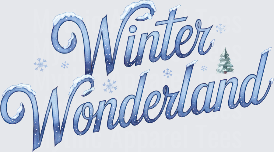 Winter Wonderland Snow-Capped Script Lettering with Snowflakes and Evergreen Tree