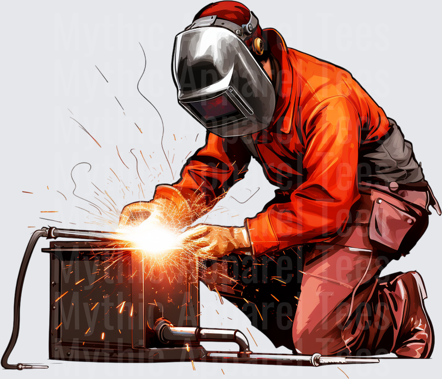 Welder In Orange Gear Kneeling With Welding Mask And Flying Sparks
