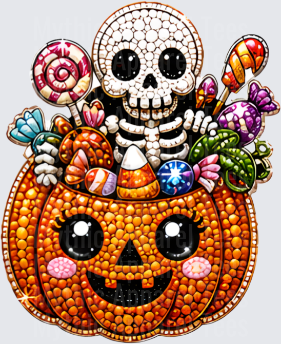 Halloween Bling Rhinestone Skeleton Sitting in Jack-O-Lantern Pumpkin Overflowing with Candy Corn Lollipops and Colorful Treats