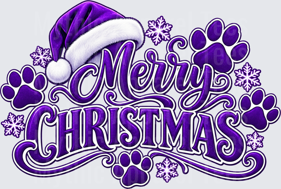 Merry Christmas Purple Santa Hat Paw Prints Snowflakes Script Lettering