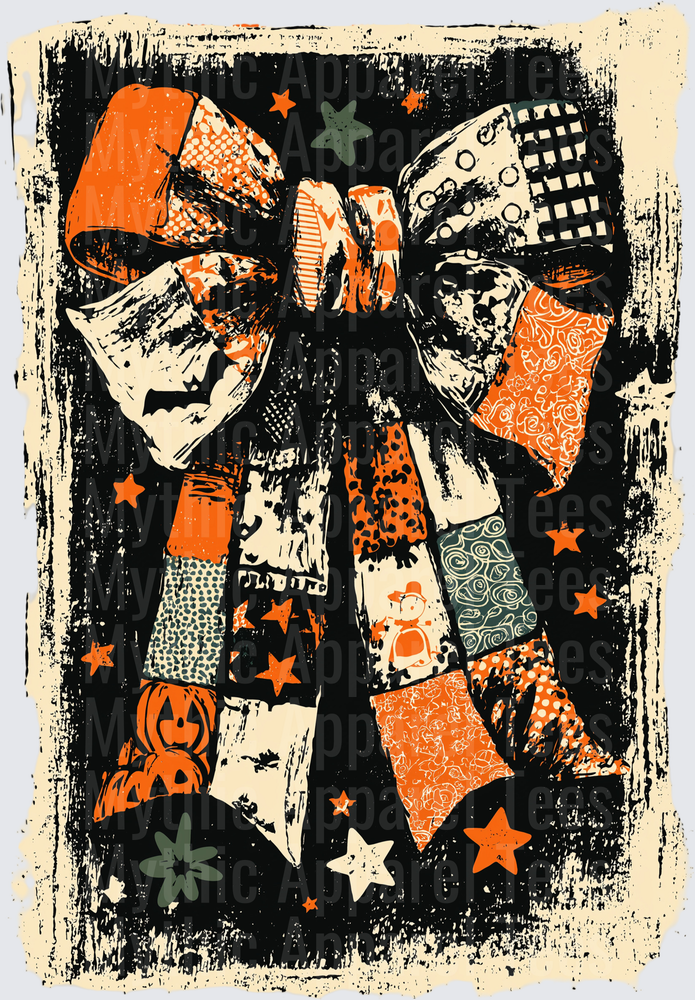 Distressed Halloween Patchwork Bow with Jack-O-Lanterns Bats Stars and Mixed Orange Black Grunge Patterns