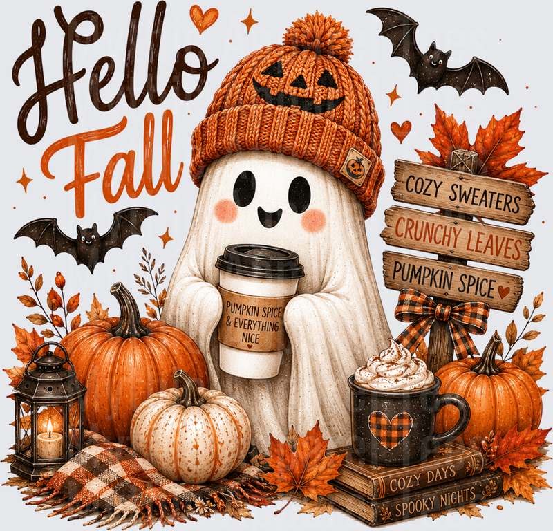Hello Fall Cute Ghost Pumpkin Spice Coffee Cozy Sweaters Crunchy Leaves Halloween Autumn Pumpkins Bats Cozy Days Spooky Nights