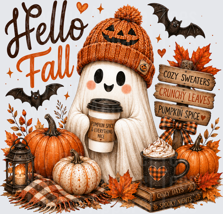 Hello Fall Cute Ghost Pumpkin Spice Coffee Cozy Sweaters Crunchy Leaves Halloween Autumn Pumpkins Bats Cozy Days Spooky Nights
