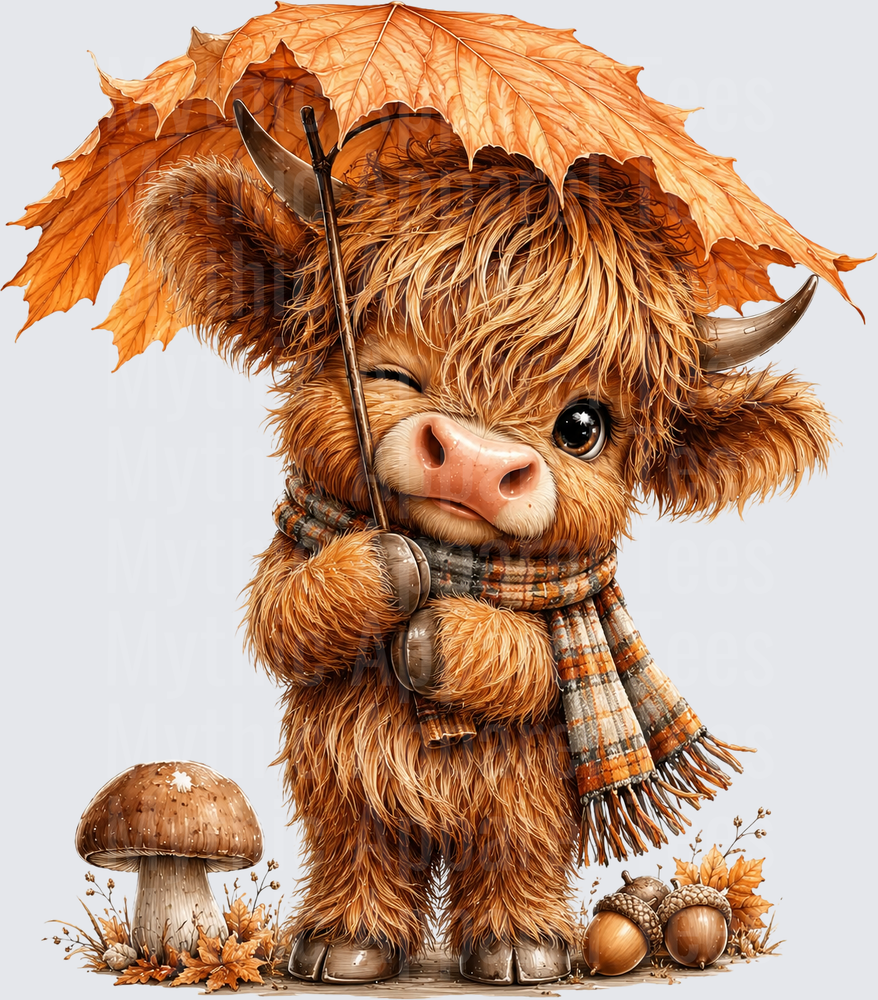 Cute Baby Highland Cow Holding Autumn Maple Leaf Umbrella with Plaid Scarf Acorns and Mushroom Fall