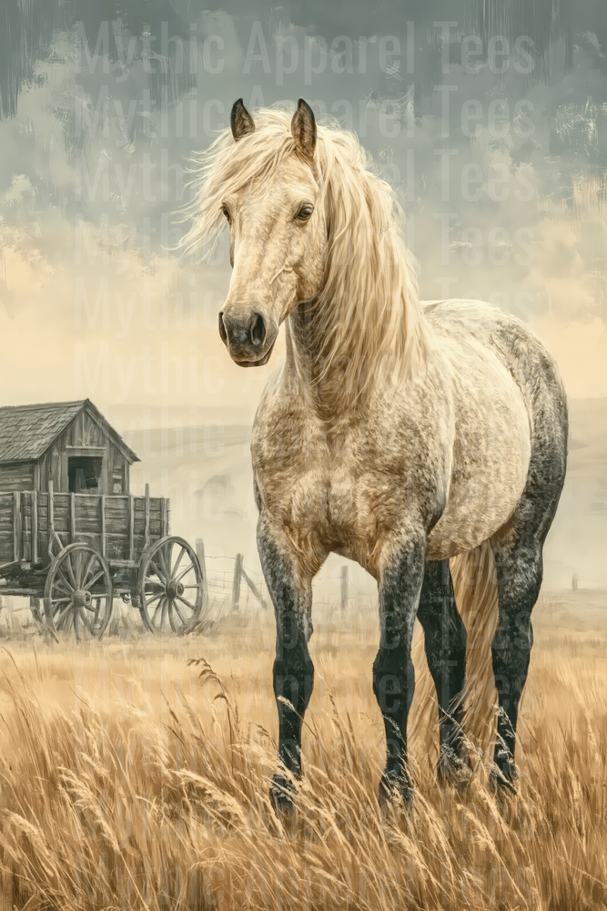 Dapple Gray Horse Standing in Golden Prairie Grass with Rustic Wooden Wagon and Stormy Sky