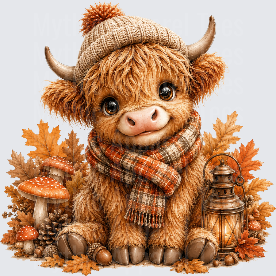 Cute Baby Highland Cow with Knit Beanie Plaid Scarf Autumn Leaves Mushrooms and Glowing Lantern Fall Scene