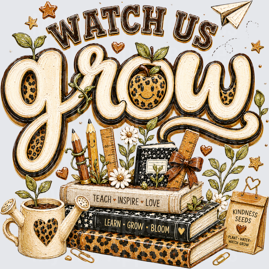 Watch Us Grow Teacher Leopard Print Apple Books Teach Inspire Love Learn Grow Bloom Kindness Seeds Boho School