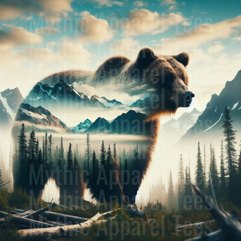 Grizzly Bear Double Exposure with Snow-Capped Mountains and Pine Forest Wilderness Landscape