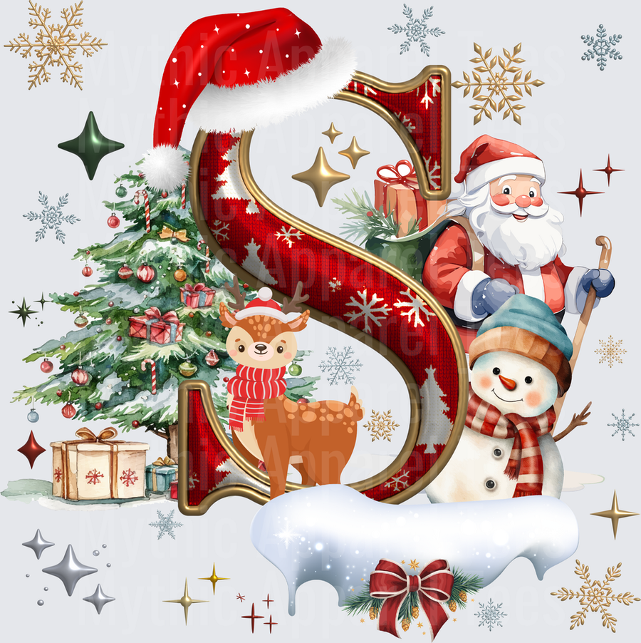 Christmas Letter S with Santa Claus, Snowman, Reindeer, Decorated Tree, Gifts, Snowflakes, and Stars Holiday Monogram