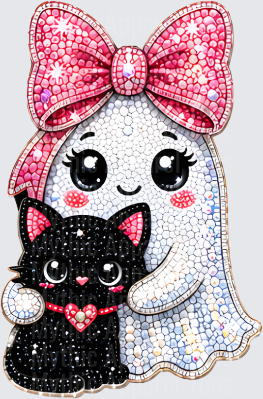 Halloween Bling Cute Ghost Girl with Pink Bow Hugging Black Kitten Diamond Art Mosaic Design