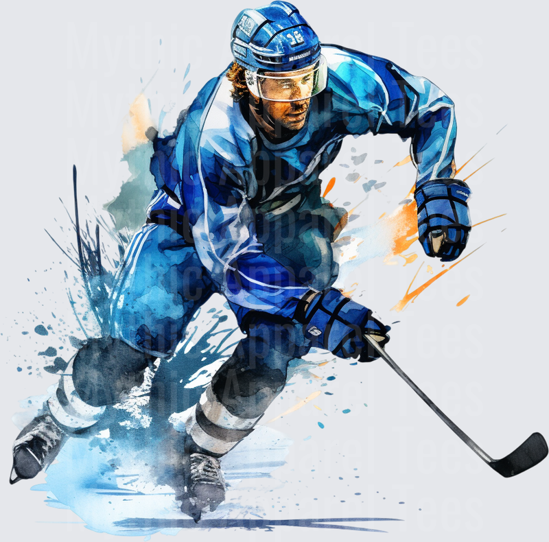 Ice Hockey Player Blue Jersey Watercolor Splash Action Art