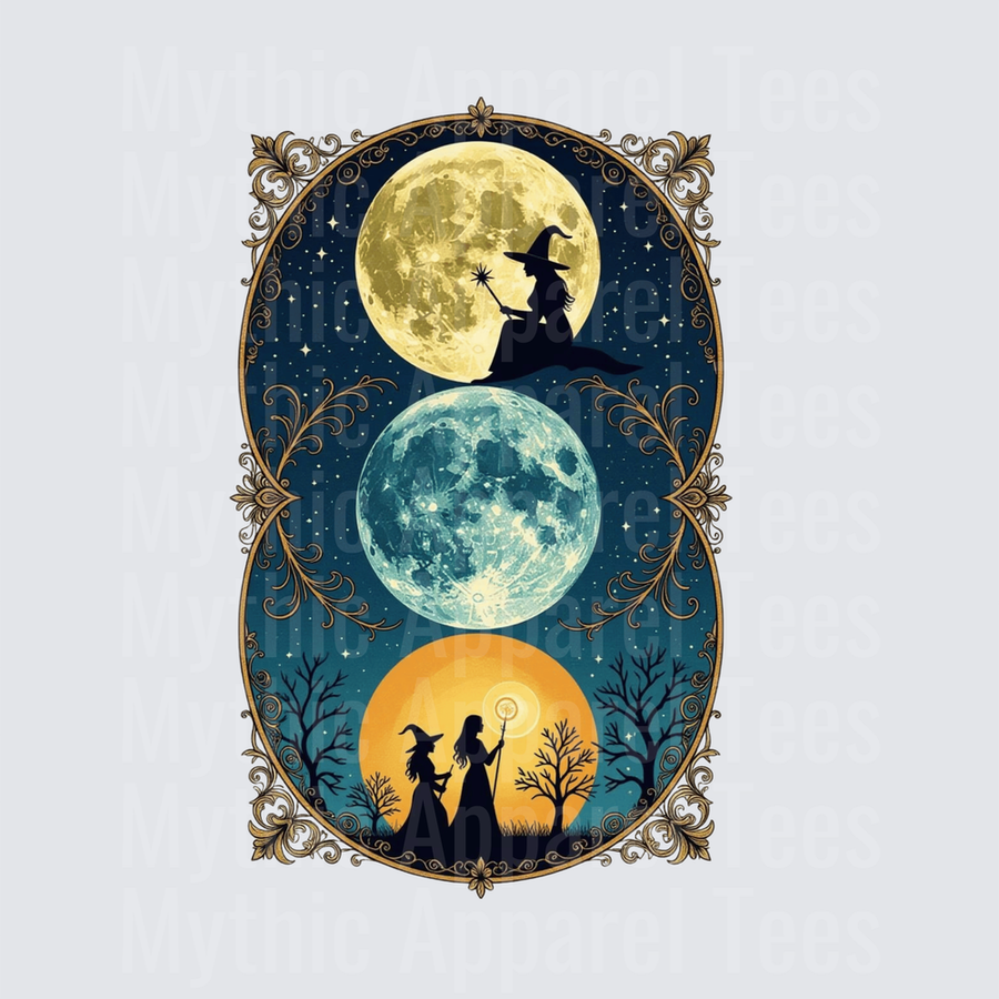 Triple Moon Witch Silhouette Tarot Card Style Celestial Night Sky Gold Ornate Frame