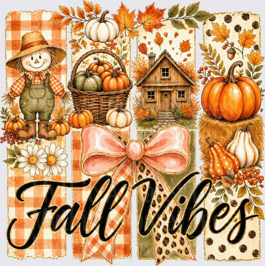 Fall Designs Scarecrow Pumpkin Basket Farmhouse Cottage Hay Bale Autumn Leaves Leopard Print Bow Fall Vibes Collage Panel