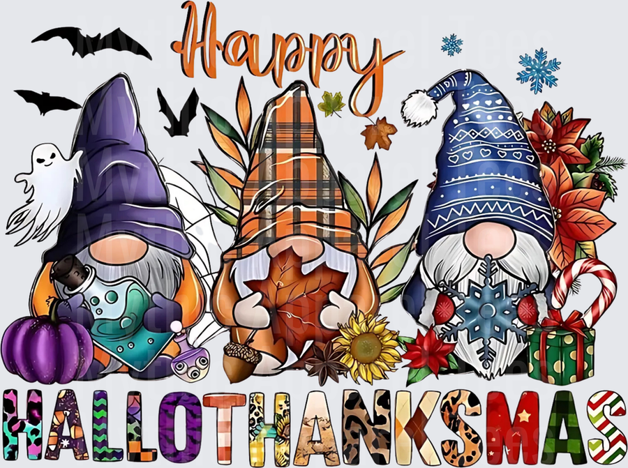 Happy Hallothanksmas Three Gnomes Halloween Thanksgiving Christmas Seasonal Trio with Bats Ghost Pumpkin Fall Leaves Snowflakes Candy Cane