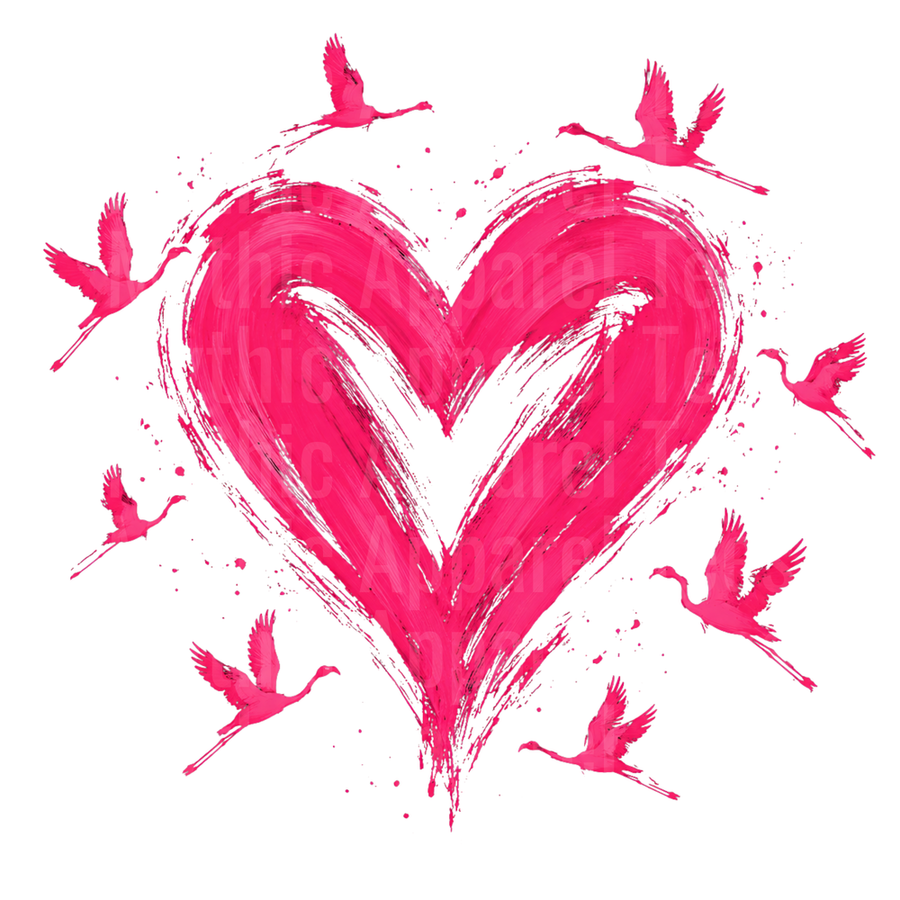 Flamingos Flying Around Hot Pink Brushstroke Heart