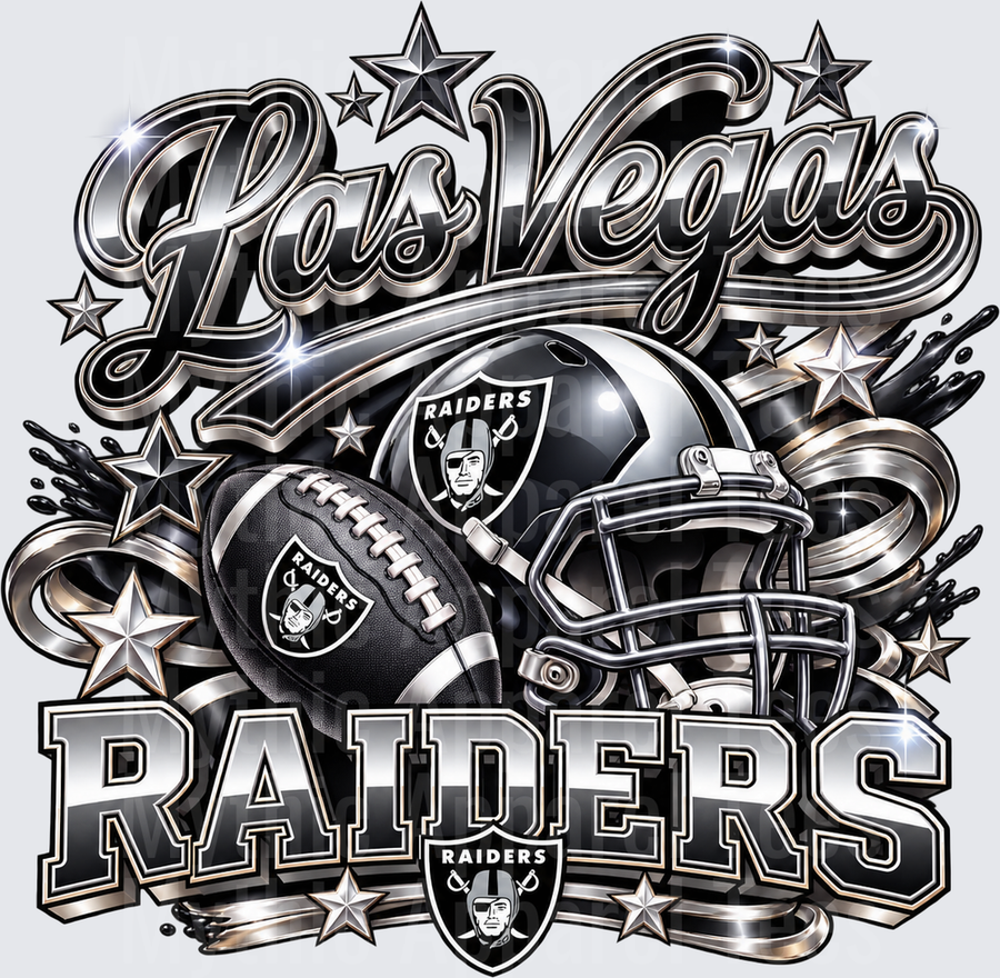 Gradient Polished Style NFL Las Vegas Raiders Chrome Silver and Black Helmet Football Stars Bold Lettering Fan Design
