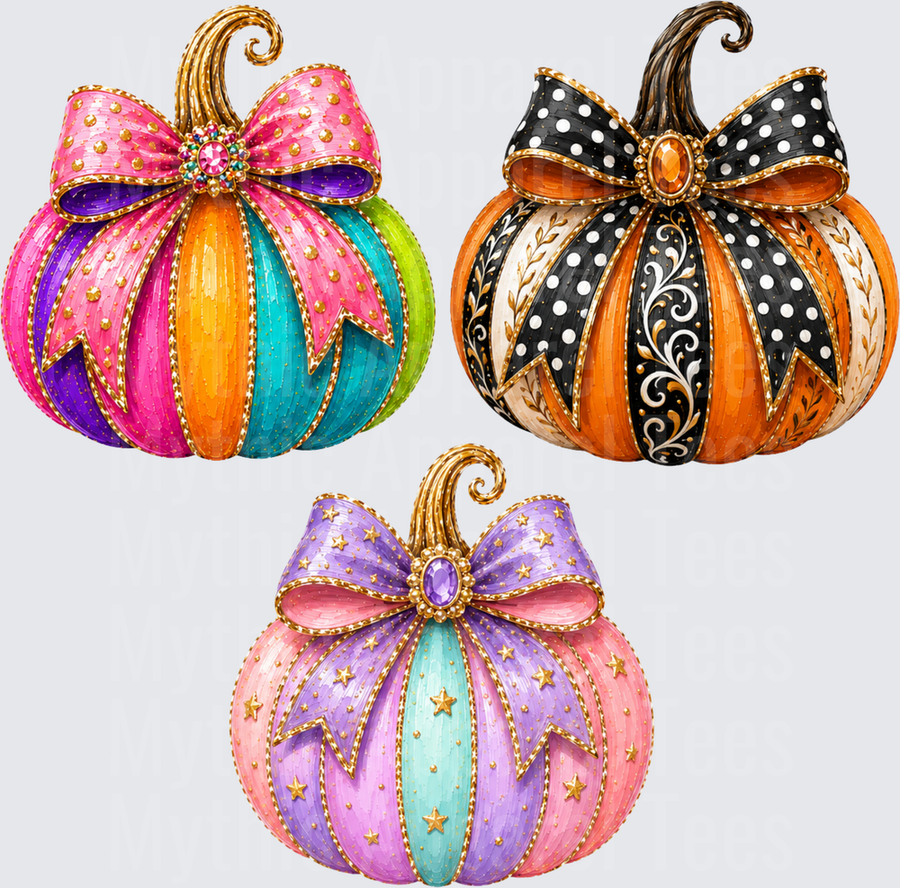 Halloween Fancy Jeweled Bow Pumpkin Trio with Colorful Striped Panels and Gold Embellishments
