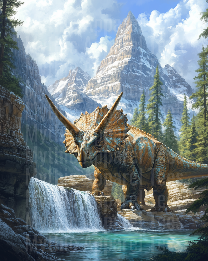Majestic Triceratops Standing by Mountain Waterfall Scenic Wilderness Landscape