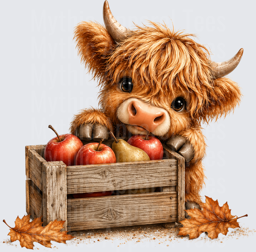 Cute Baby Highland Cow Peeking Over Rustic Wooden Crate Filled with Autumn Apples and Pears Surrounded by Fall Maple Leaves