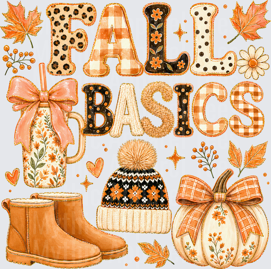 Fall Designs Fall Basics Mixed Pattern Lettering with Pumpkin Beanie Boots Floral Mug Leopard Buffalo Plaid Autumn Elements