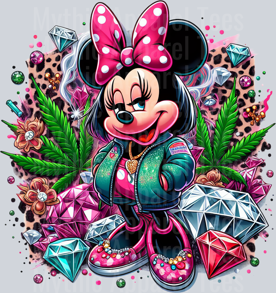 Minnie Mouse pink Weed Plant Cheeta Print Jewels Smoking Weed DTF Weed Transfers