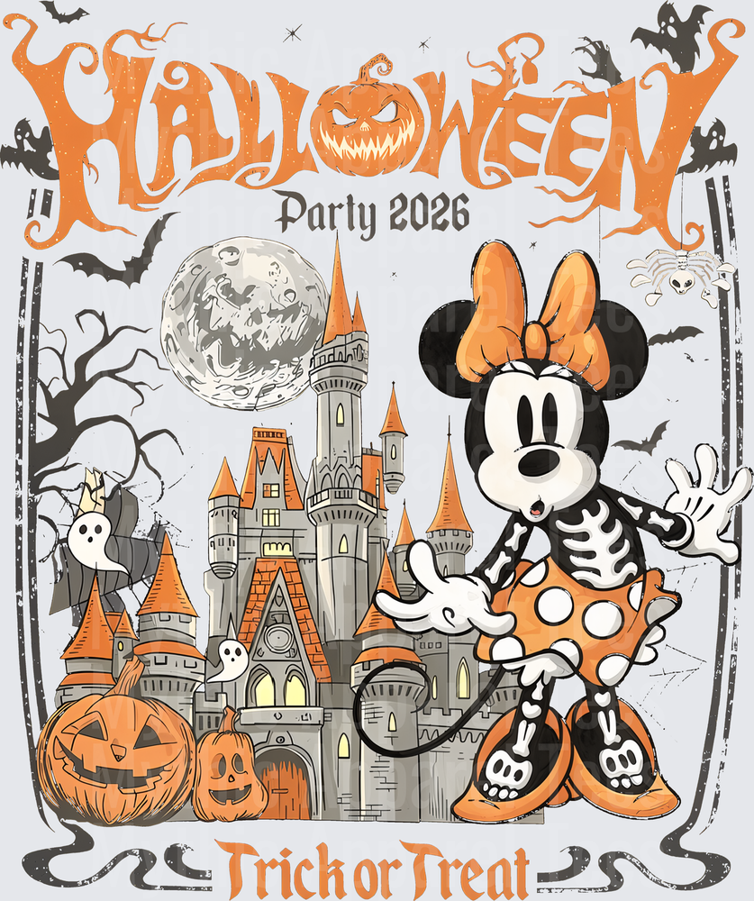 Minnie Mouse Skeleton Costume Halloween Party 2026 Trick or Treat Castle Pumpkin Bat Ghost Spooky Night Scene