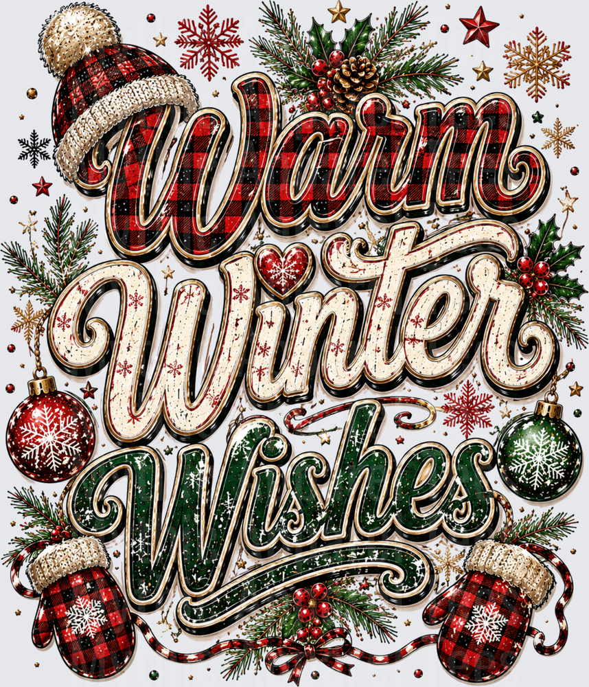 Warm Winter Wishes Buffalo Plaid Christmas Typography with Mittens Hat Ornaments Holly and Snowflakes
