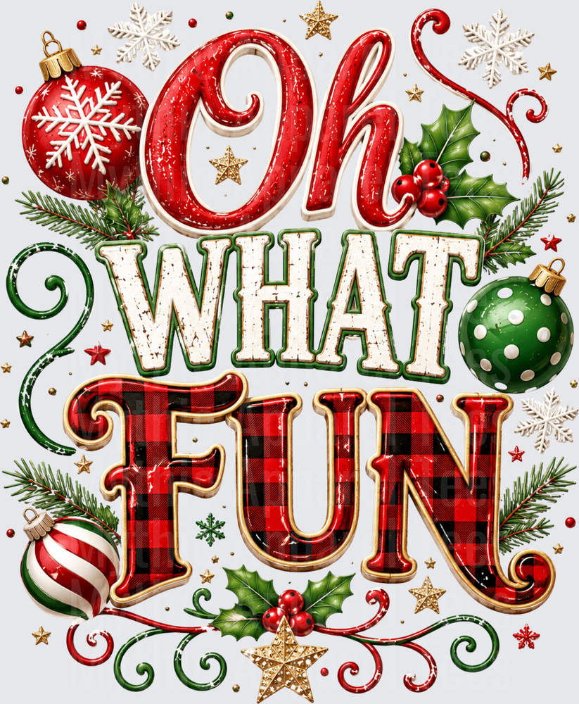 Oh What Fun Buffalo Plaid Christmas Typography with Holly Ornaments and Snowflakes