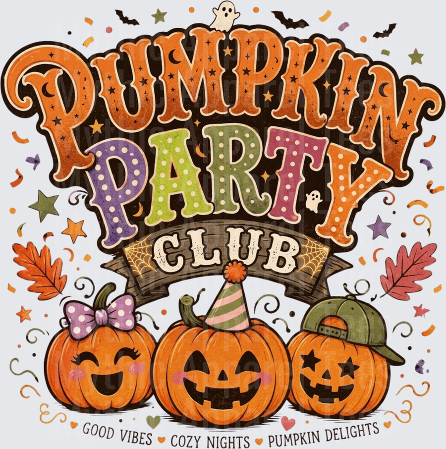 Pumpkin Party Club Good Vibes Cozy Nights Pumpkin Delights Halloween Jack-O-Lantern Trio with Bow Hat and Cap Autumn Confetti