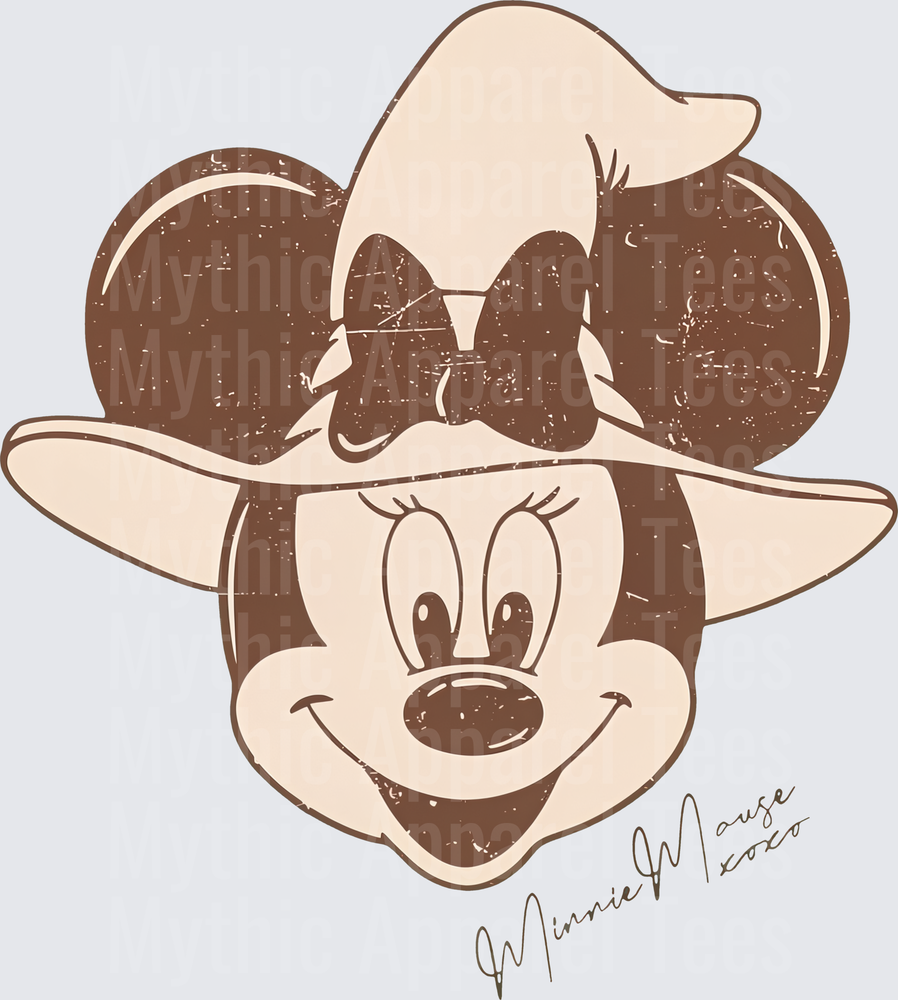 Minnie Mouse Cowboy Hat Retro Vintage Distressed Sepia Two-Tone Western Portrait with Signature XOXO