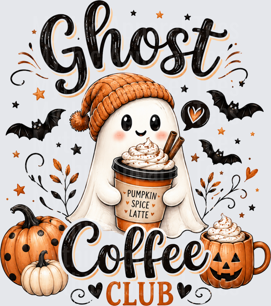 Ghost Coffee Club Cute Ghost Wearing Knit Beanie Holding Pumpkin Spice Latte with Bats and Jack-O-Lanterns Halloween Fall