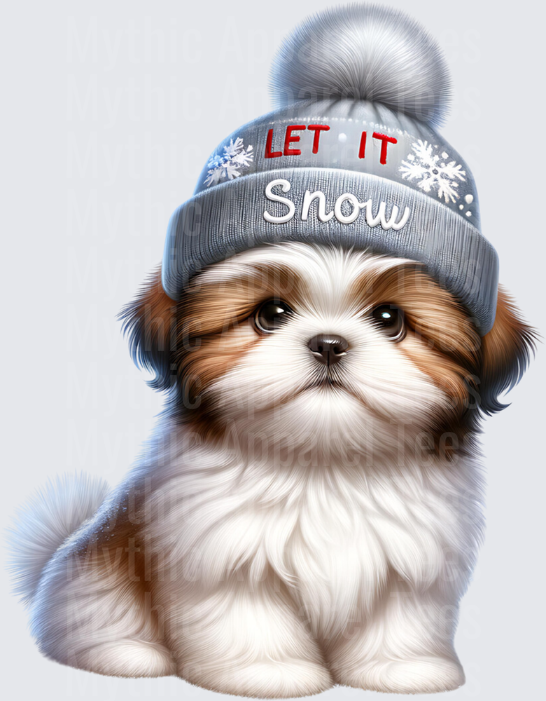 Cute Shih Tzu Puppy Wearing Let It Snow Winter Beanie Hat Christmas Holiday