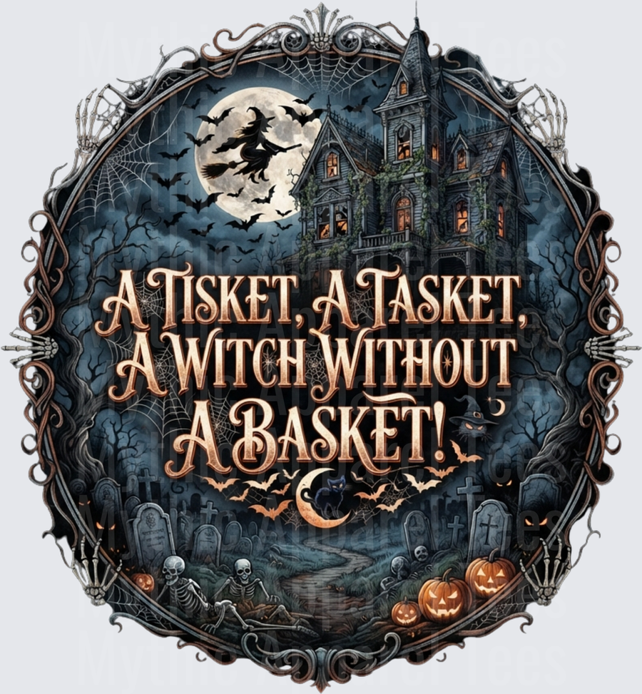 A Tisket A Tasket A Witch Without A Basket Haunted House Full Moon Graveyard Halloween Gothic Oval Badge Design with Skeletons Pumpkins Bats and Black Cat