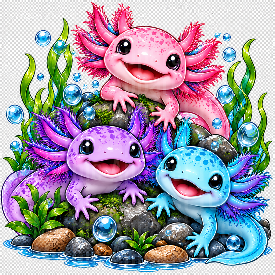Dragons of the Deep Trio of Cute Kawaii Axolotls in Pink Purple and Blue with Seaweed Rocks and Bubbles