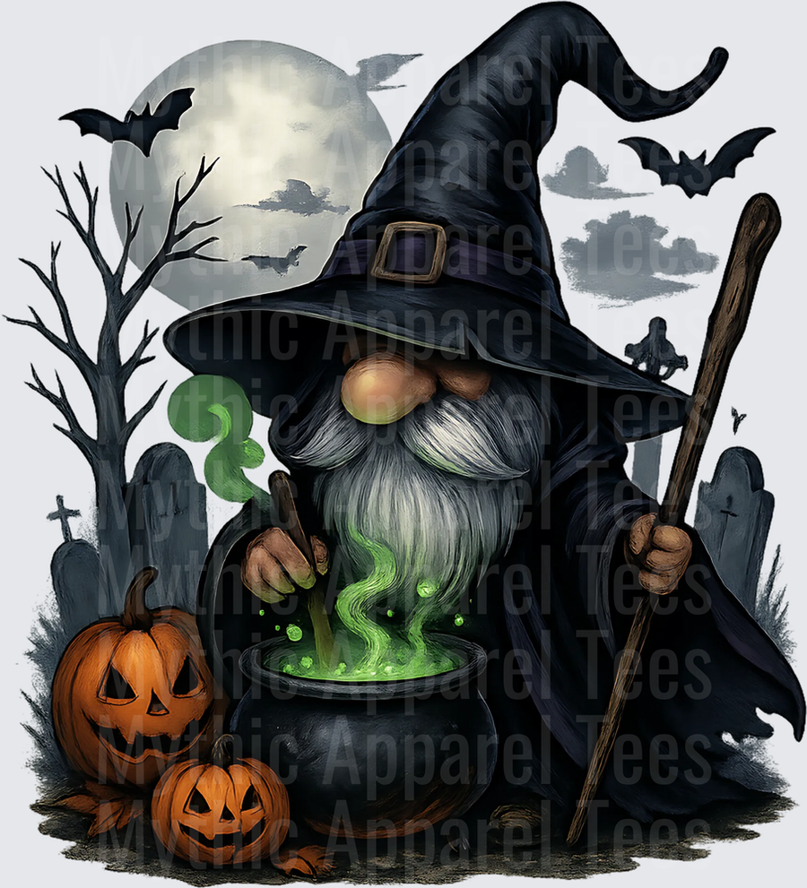 Halloween Wizard Gnome Stirring Glowing Green Cauldron with Jack-O-Lanterns Bats and Full Moon Graveyard Scene