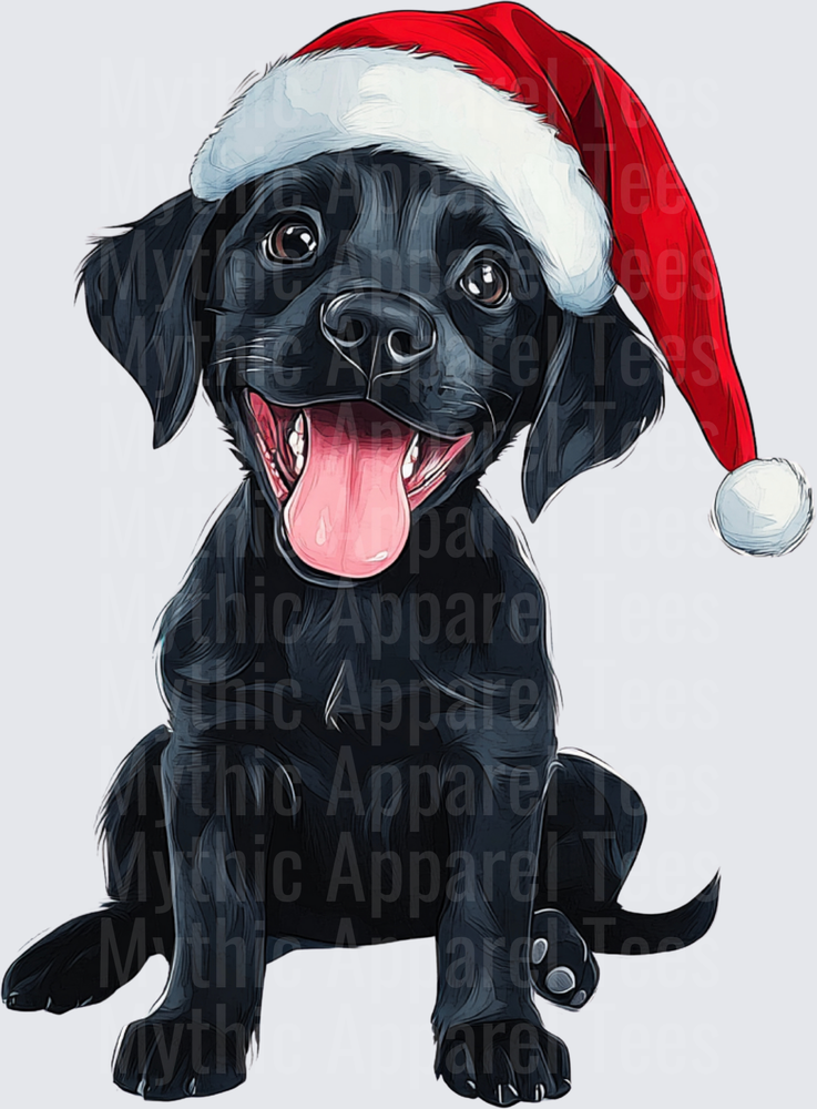 Happy Black Labrador Puppy Wearing Santa Hat Tongue Out Holiday