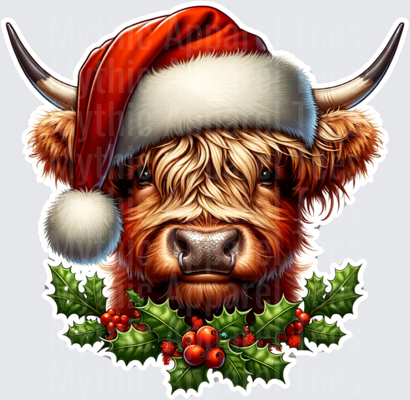 Highland Christmas Cow Santa Hat Holly Berry Portrait