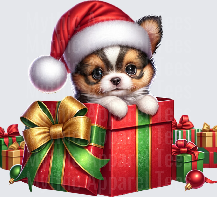 Cute Fluffy Puppy Wearing Santa Hat Peeking Out of Red Christmas Gift Box Surrounded by Holiday Presents and Ornaments