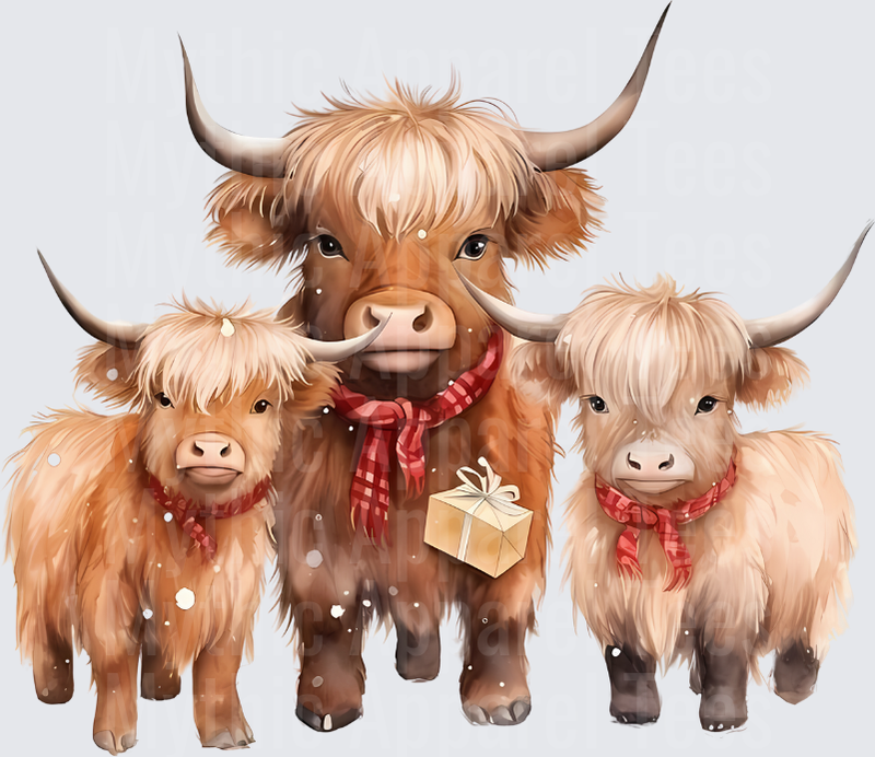 Highland Christmas Cow Family with Red Scarves and Gift