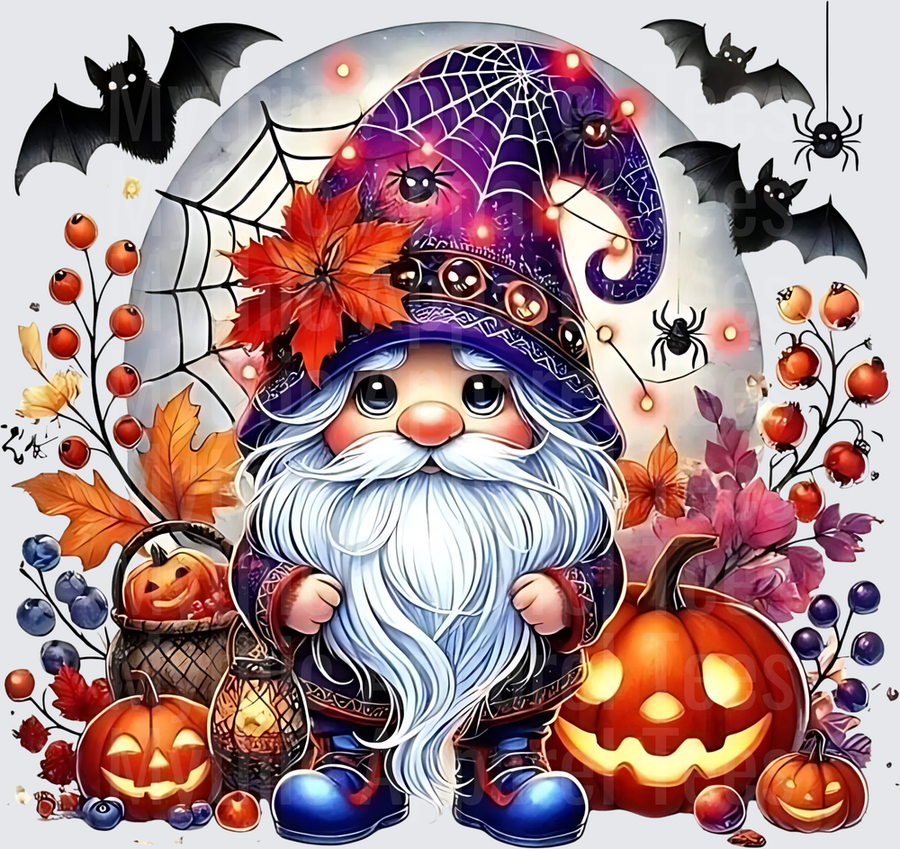 Halloween Gnome with Purple Spider Web Witch Hat Jack-O-Lanterns Bats and Autumn Leaves
