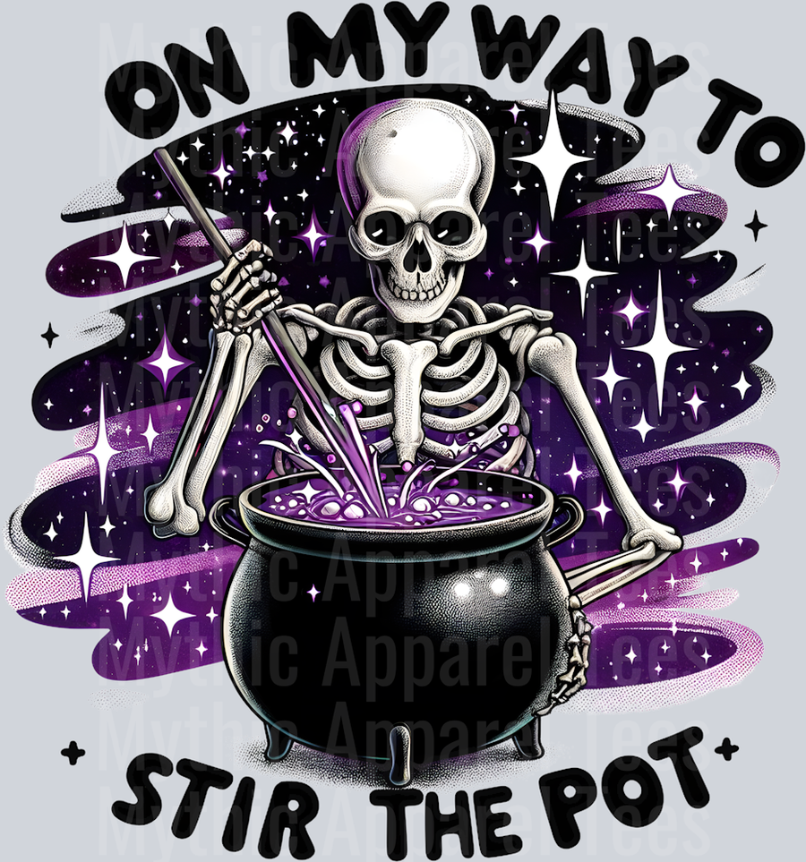 On my way to stir the pot skelly with black and purple background DTF Skull Transfers