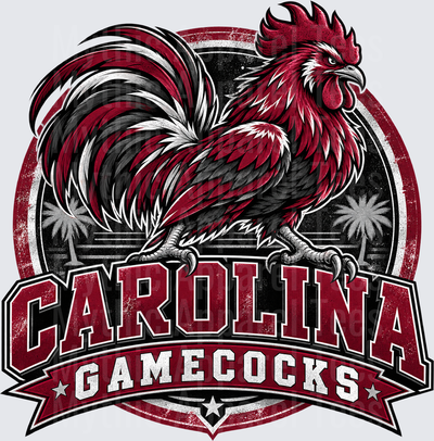 Carolina Gamecocks Bold Rooster Mascot Circular Badge Design with Palm Trees in Garnet Black and White