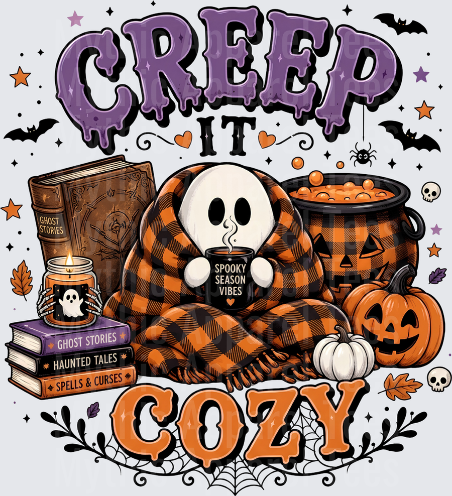 Creep It Cozy Ghost Wrapped in Buffalo Plaid Blanket Holding Spooky Season Vibes Mug with Jack-o-Lanterns Ghost Stories Books and Cauldron Halloween