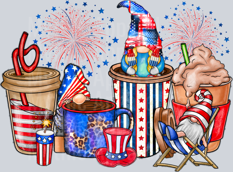 American Coffee Cups And Gnome 4th of July Fireworks Patriotic