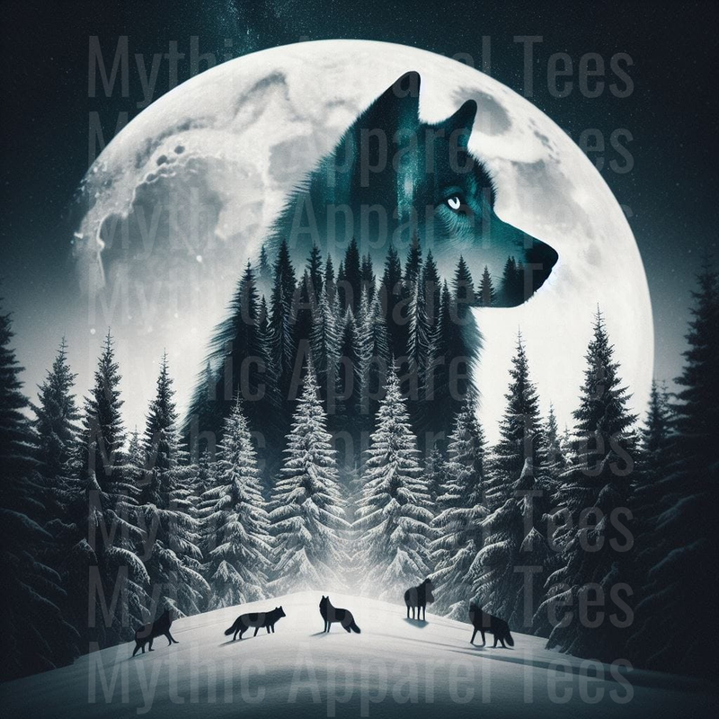 Midnight Wolf Spirit Double Exposure Full Moon Winter Pine Forest Pack Silhouette
