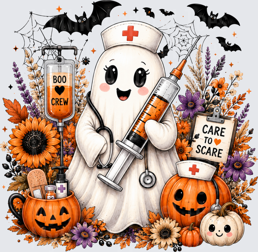 Cute Ghost Nurse Boo Crew Care To Scare Halloween Floral with Pumpkins Bats and Syringe