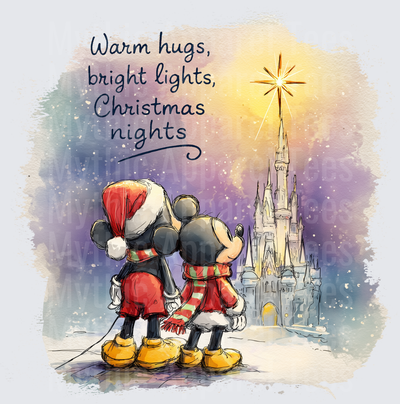 Mickey and Minnie Mouse Warm Hugs Bright Lights Christmas Nights Watercolor Castle Scene
